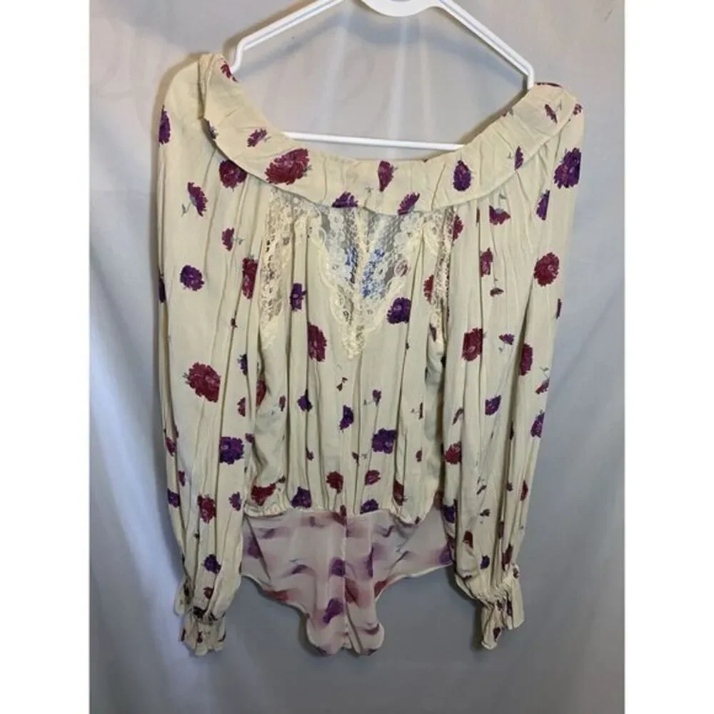 NEW FREE PEOPLE Sz S POPPY PRINTED BODYSUIT IN IVORY‎ COMBO